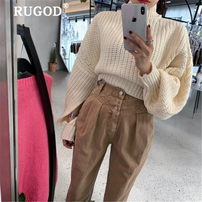 RUGOD Korean solid sweater women elegant lantern sleeve single-breasted turtleneck pullover Fashion auturm women clothes
