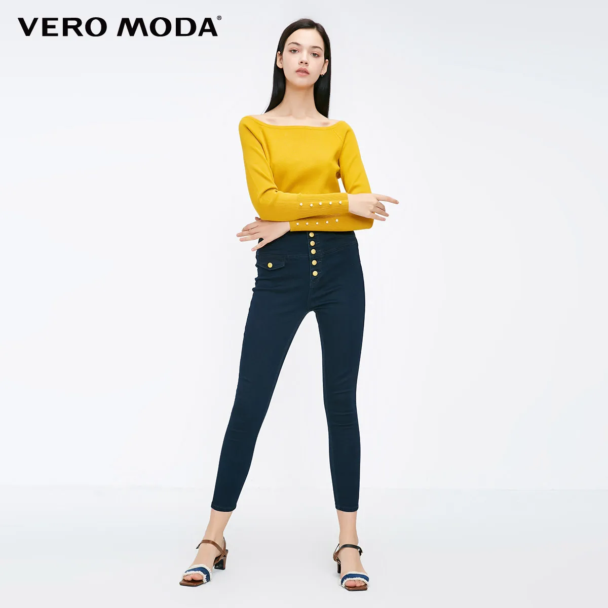 Vero Moda Новые поступления уличный стиль Высокая талия декоративные пуговицы укороченные джинсы | 318349578