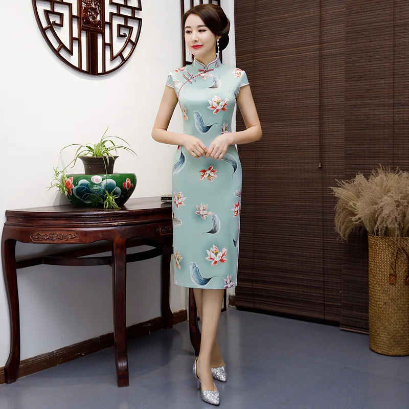 Элегантное платье для свадебной вечеринки, атласное Ципао, винтажное китайское классическое сексуальное платье на молнии, большие размеры
