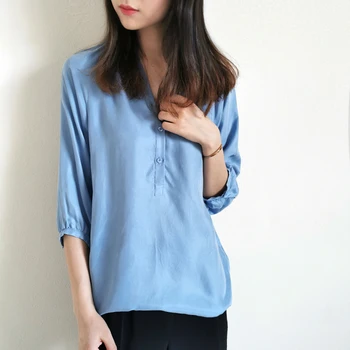 

O-neck Women Bloue Three Quarter Sleeve Cupro Pleated Loose 2020 Spring Summer Female Shirt with Buttons