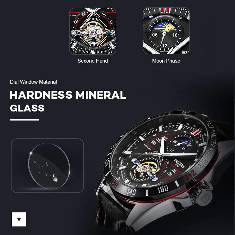 BOYZHE новые часы Tourbillon Мужские автоматические механические часы мужские деловые часы водонепроницаемые часы кожаный ремень светящаяся указка