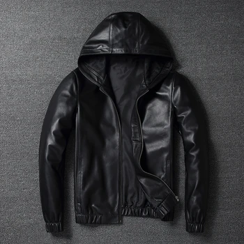 

Motorcycle Genuine Bomber Men Pilot Sheepskin Real Leather Jacket Hooded Aviation Flight Slim Male Lambskin Coat