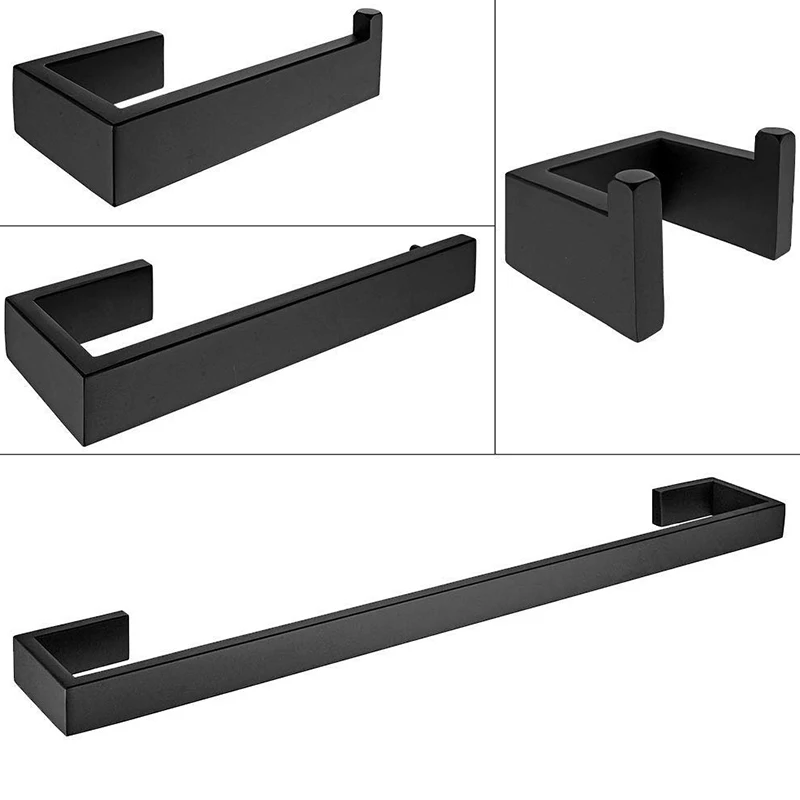 4Pc Bathroom Accessories Set- Towel Bar, Towel Ring,Toilet Paper Holder,Coat Hook, 304 Stainless Steel Matte Black Finish