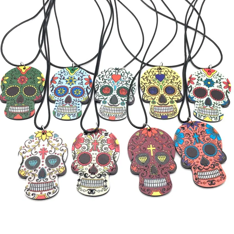 

Sugar Skull Rope Necklace Calavera Sugary-sweet whimsical Relief skull Necklace 9 colors Custom Skeleton Necklace