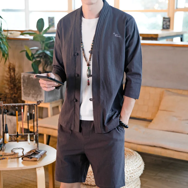 

2019 Summer Men Chinese-style Flax Set Young MEN'S Retro Frog Cardigan Chinese Clothing Cotton Linen Two-Piece Set