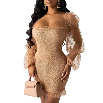 

Women Sexy Dresses Mesh See Through Long Sleeves Polka Dot Tulle Mini Bodycon Ruffles Clubwear Female Night Date Out Party Wear