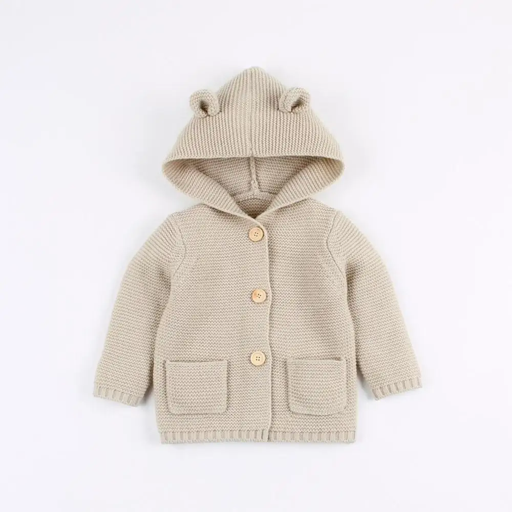 beige without fur Осенне-зимнее теплое пальто для маленьких девочек вязаный свитер для маленьких мальчиков пальто-кардиган однотонная верхняя одежда с капюшоном и длинными рукавами на пуговицах - Цвет: beige without fur