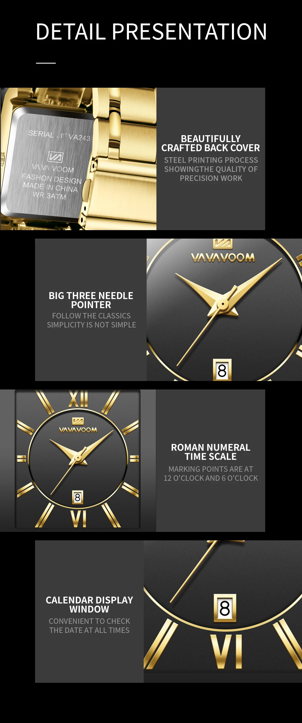2022 Men Business Watch Simple Design Luxury Fashion Rectangular Gold Stainless Steel Calendar Waterproof Quartz Men's Watches