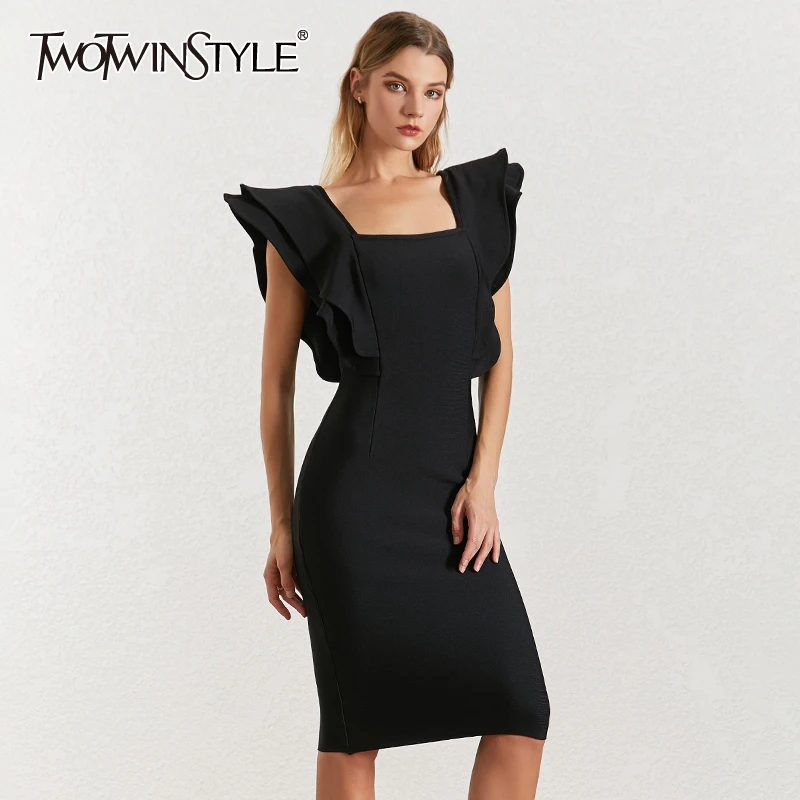 

TWOTWINSTYLE Sexy Slim Ruffles Dress Women Square Collar Short Sleeve High Waist Summer Evening Party Dresses Female 2019 New
