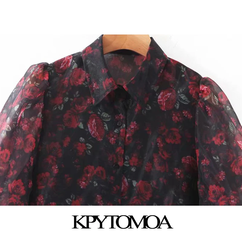 Vintage Stylish Floral Print Organza Blouse Women Fashion Lantern Sleeve See Through Sexy Female Shirts Blusas Chic Tops