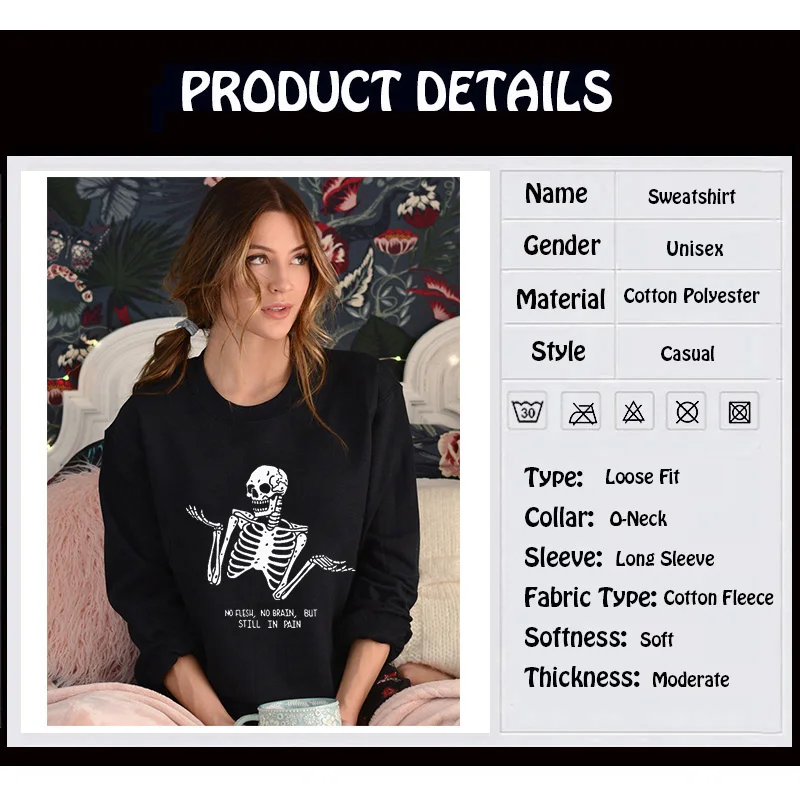  Women Skull Punk Rock Graphic Sweatshirt Femme Cool Halloween Skeleton Printed Hoodie Crewneck Cott