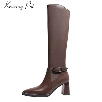 

Krazing pot new genuine leather zipper knee high riding boots square toe high heels metal fasteners wedding thigh-high boots L12