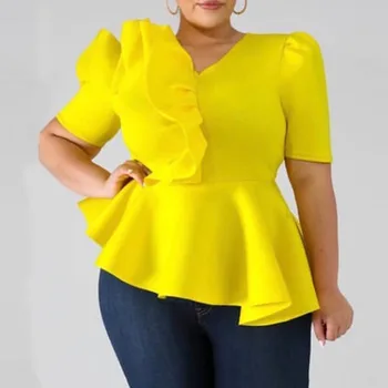 

Plain Ruffles Women Blouse 2020 Summer African Fashion Plus Size Solid Elegant Office Lady Irregular Female Tops Shirts Yellow