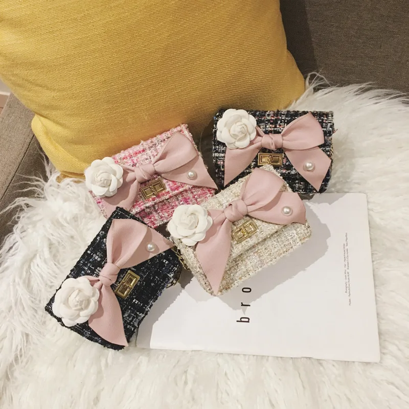 

2019 Autumn And Winter New Style Woolen Cloth Square Sling Bag Versatile Bow Beads Princess Bag Fashion
