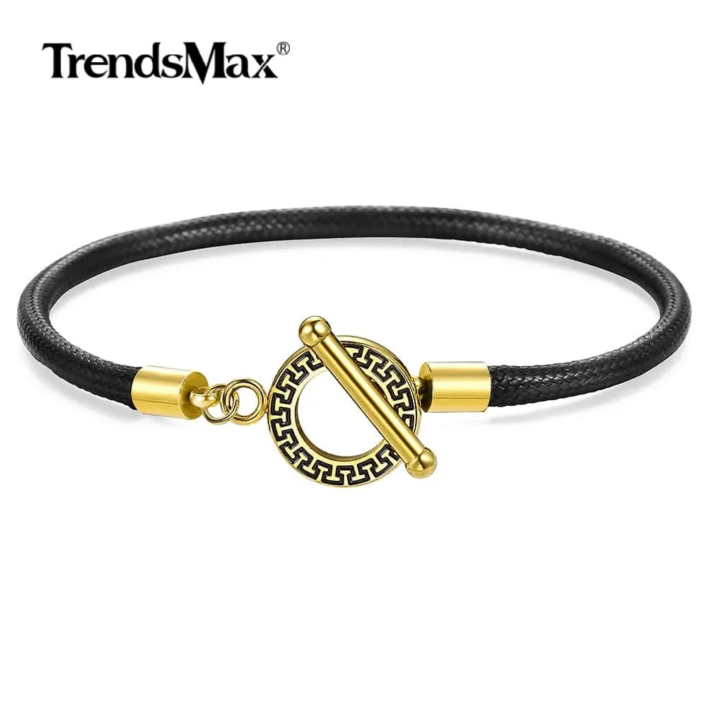 Trendsmax, 4 мм, простой черный кожаный браслет для мужчин и женщин, золотой цвет, застежка, мужская, на каждый день, ювелирное изделие, 8-10 дюймов, DLB186