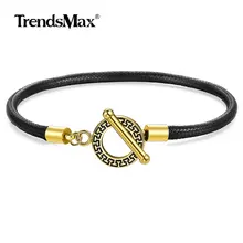 Trendsmax, 4 мм, простой черный кожаный браслет для мужчин и женщин, золотой цвет, застежка, мужская, на каждый день, ювелирное изделие, 8-10 дюймов, DLB186