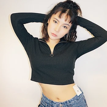 

2019 new fashion women's clothing High-neck short tight-fitting stretch zip top Joker long-sleeved t-shirt