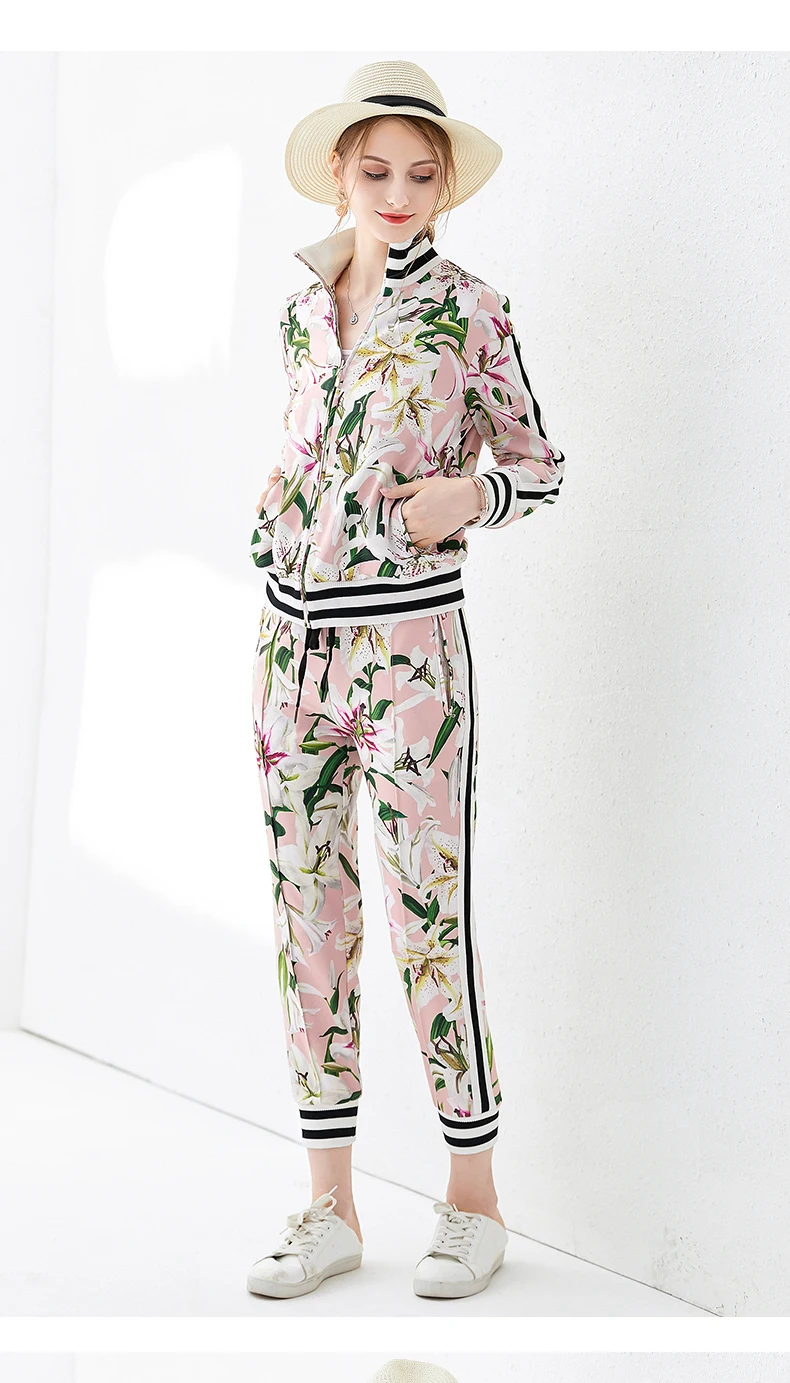

2019 autumn new lily printed thick linen long sleeve jacket+printed trousers casual pant set 190727LU01