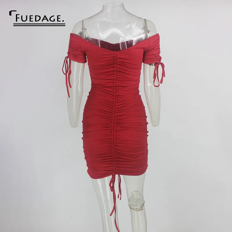 Красное однотонное мини платье Fuedage с рюшами и кулиской женское сексуальное