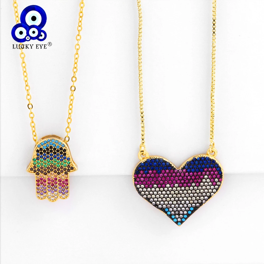 

Lucky Eye Hamsa Hand Heart Pendant Necklace Gold Color Chain Micro Pave Colorful Zircon Necklace Jewelry for Women Female LE224