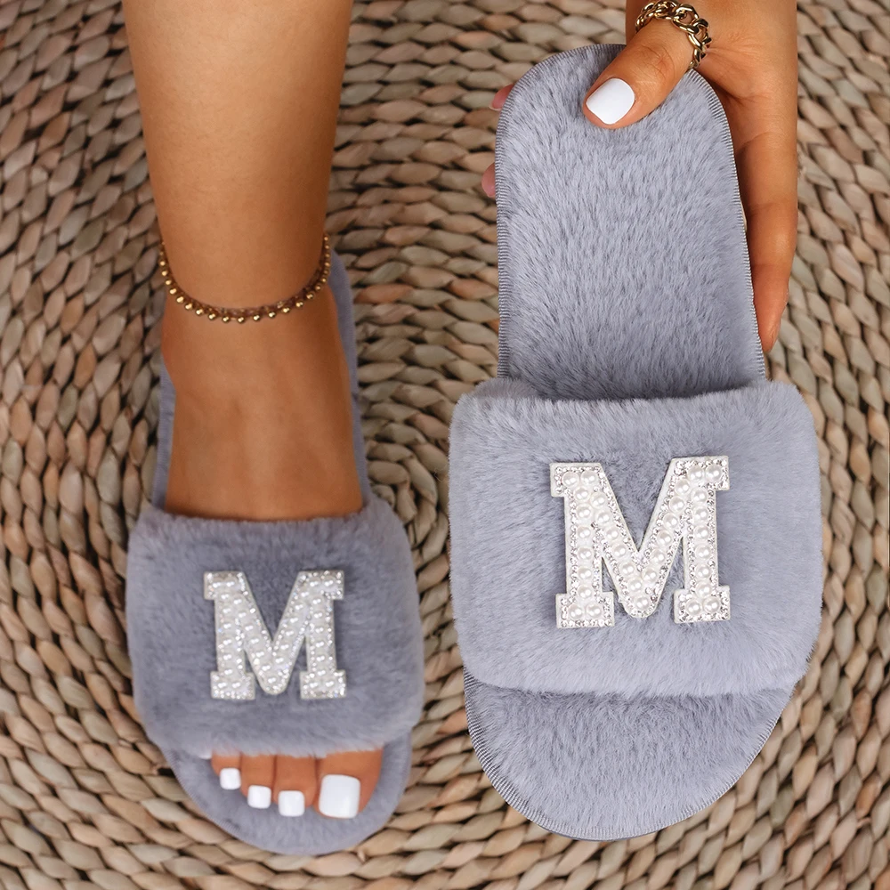 

Women Winter Faux Fur Furry Slippers Simple Heart Shape Soft Slides Warm Fur Non-slip Flats Cute Indoor Female Home Flip Flops