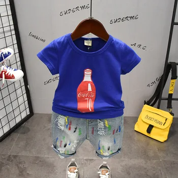 

2PCS WLG Boys Summer Outfits Kids Cartoon Blue Short Sleeve Tshirt and Denim Ripped Short Set Baby Boy Fashion Clothes for 2-6T