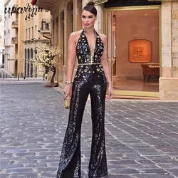 Free Shipping Sexy V-neck Sleeveless Sequin Jumpsuit Black Women's Beaded Skinny Flare Jumpsuit Celebrity Club Party Jumpsuit
