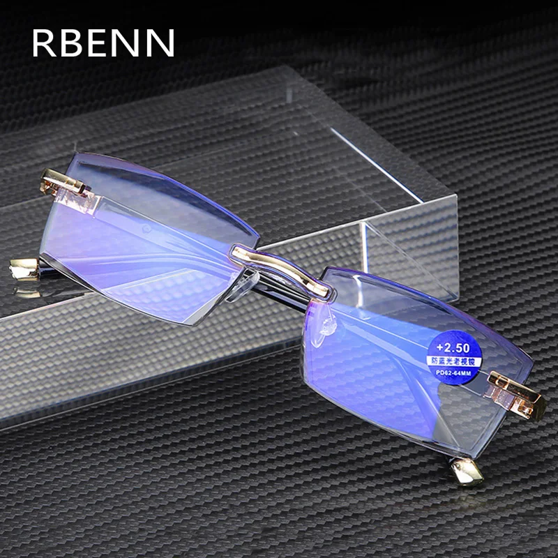 RBENN, очки для чтения с защитой от синего излучения, женские очки без оправы, мужские очки с защитой от усталости, очки для дальнозоркости+ 1,5 2,5