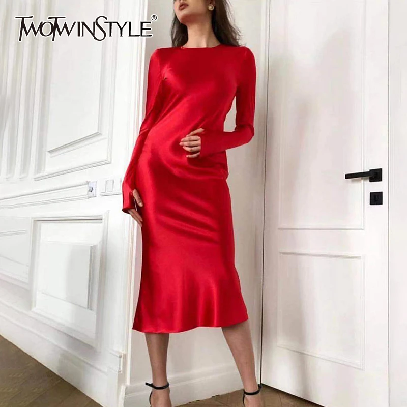 TWOTWINSTYLE summer Solid Elegant The Dress Women O Neck Long Sleeve Ruffles Trumpet Midi Dresses Female 2020 Fashion Tide TWOTWINSTYLE summer Solid Elegant The Dress Women O Neck Long Sleeve Ruffles Trumpet Midi Dresses Female 2020 Fashion Tide
