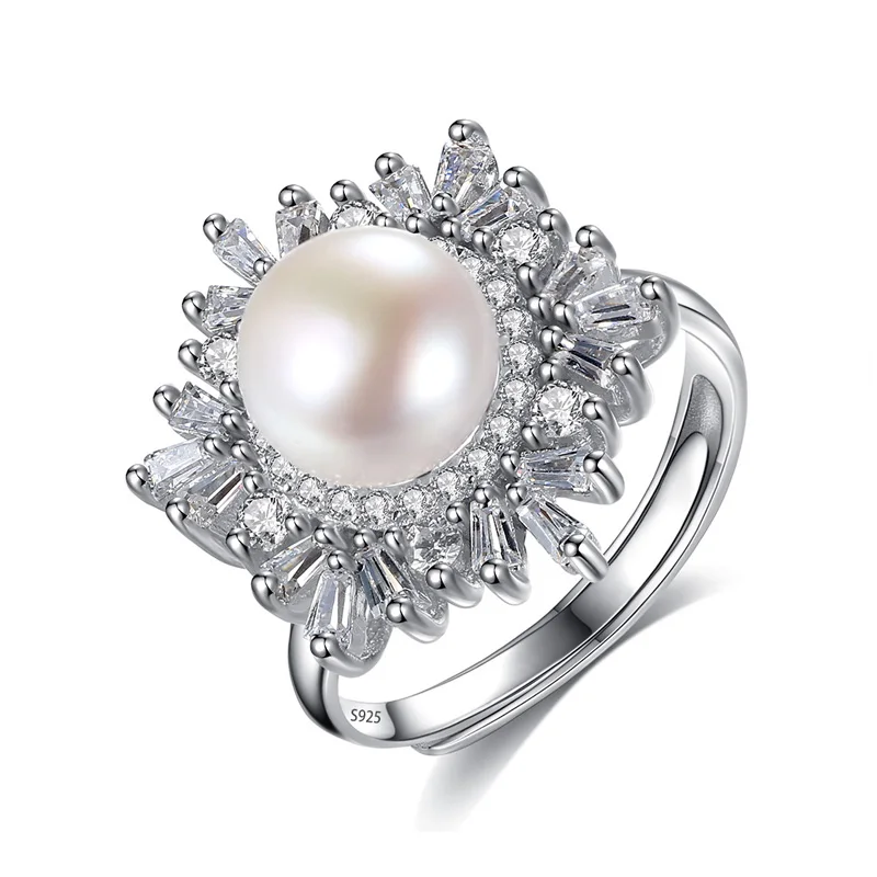 Жемчужные очаровательные цветочные кольца, 925 пробы, серебряные регулируемые жемчужные кольца, элегантное кольцо для женщин, свадебные кольца, подарок на Рождество - Цвет камня: white