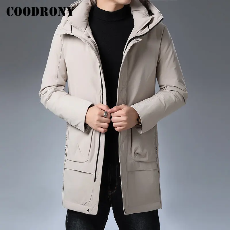 Бренд COODRONY, пуховик на утином пуху, мужская мода, повседневное длинное пальто с капюшоном, Мужская одежда,, зимние толстые теплые куртки с большими карманами, 98029 - Цвет: Хаки