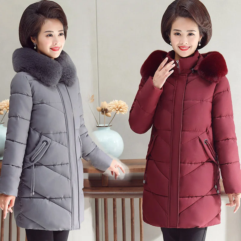 

High quality cotton clothes,Medium-length Plus Thick Cotton Clothing, Large-size Wool Collar Mother Dress