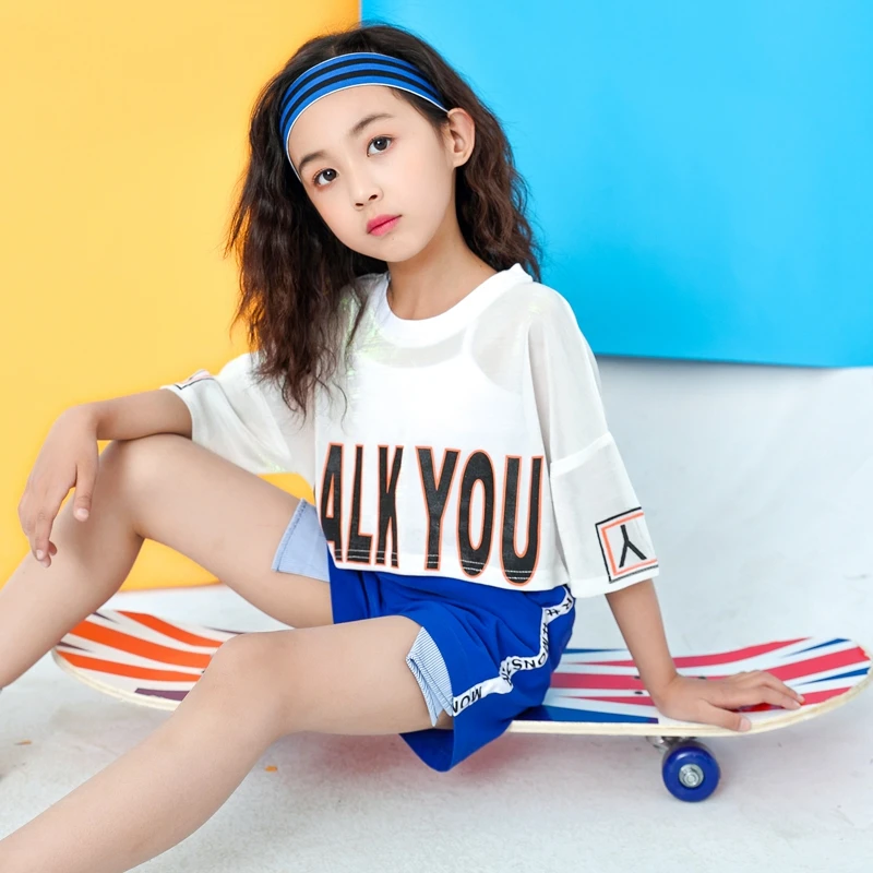 Children White Jazz Dance Costumes Girls Letter Crop Top Blue Shorts Dance Sets Hip Hop Modern Party Stage Outfits (18)