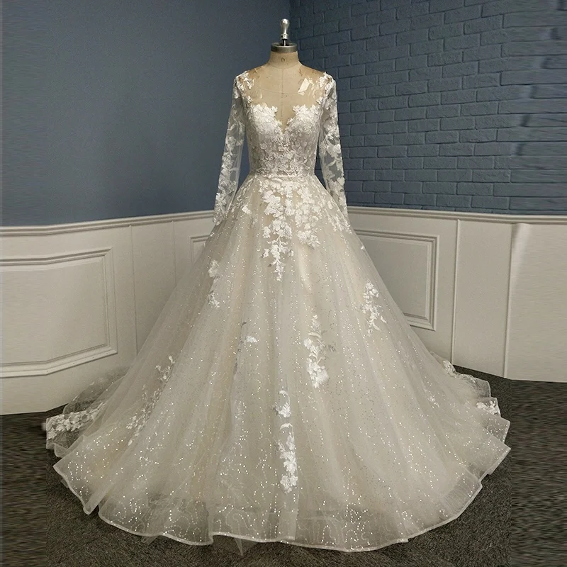 

2020 Bride Sheer Scoop Lace Appliques Sequined A Line Long Sleeve Bridal Dress Wedding Gown