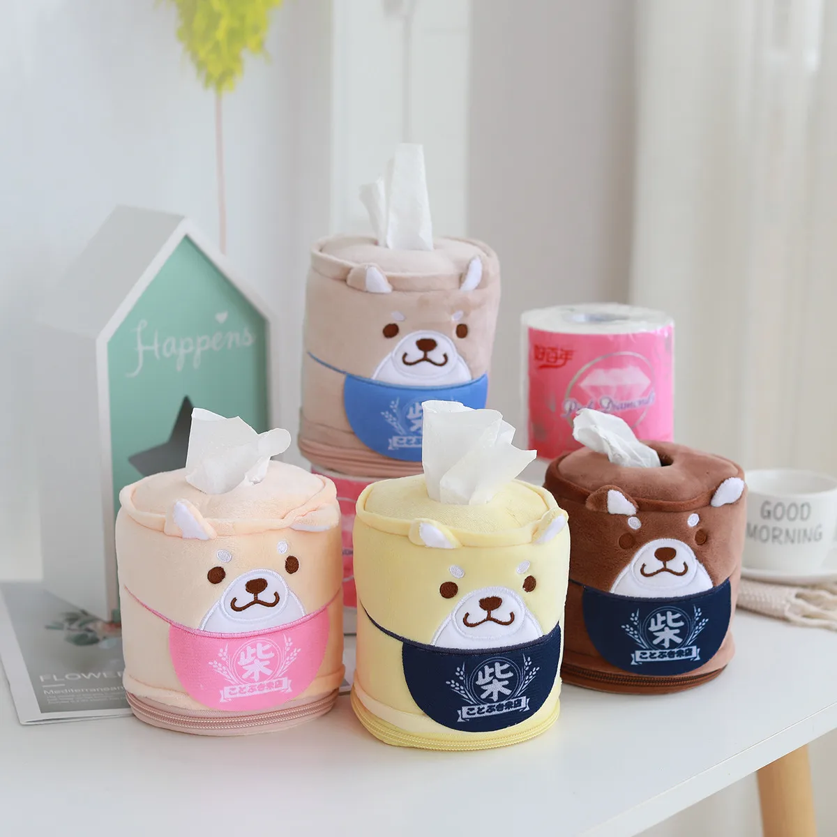 

Cute Shiba Inu Cylinder Tissue Dispenser Home Bedroom Soft Adorable Pumping Tissue Box Case Office Car Soft Paper