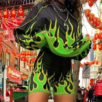 Sweetown Flaming Fire Print Two Piece Set Biker Shorts Set Casual Top And Shorts Activewear Tracksuit Women Workout Club Outfits 1