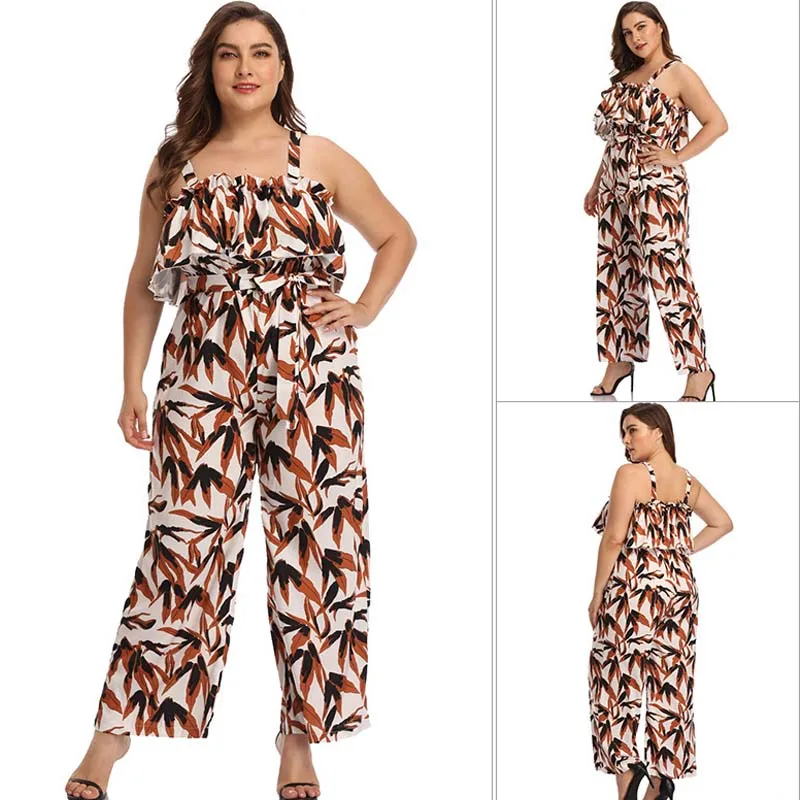 

Summer popular high waist pants new fashion Leaf Print sexy wide leg pants casual women's trousers loose sling ladies jumpsuit