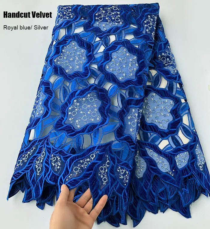 5 ярдов африканская ручная бархатная ткань с кружевом с камнями большая Цветочная вышивка нигерийская швейная одежда - Цвет: Royal blue
