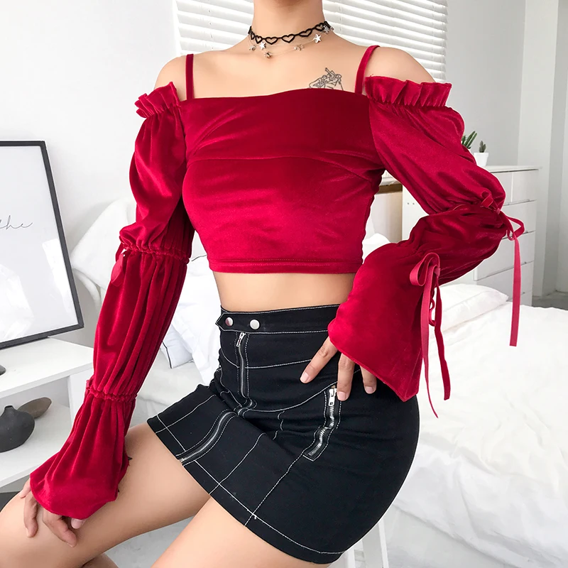 Cena Rapwriter swobodne, z odkrytymi ramionami Spaghetti Strap Bow aksamitne koszulki damskie 2019 jesień Streetwear ze ściąganym kapturem, długa koszulka z krótkim rękawem