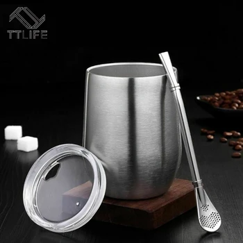 

Double Wall 304 Stainless Steel Cup Tea Mug with Lid Heat Resistant Portable Beer Cup with Spoon Straw Coffee Mug