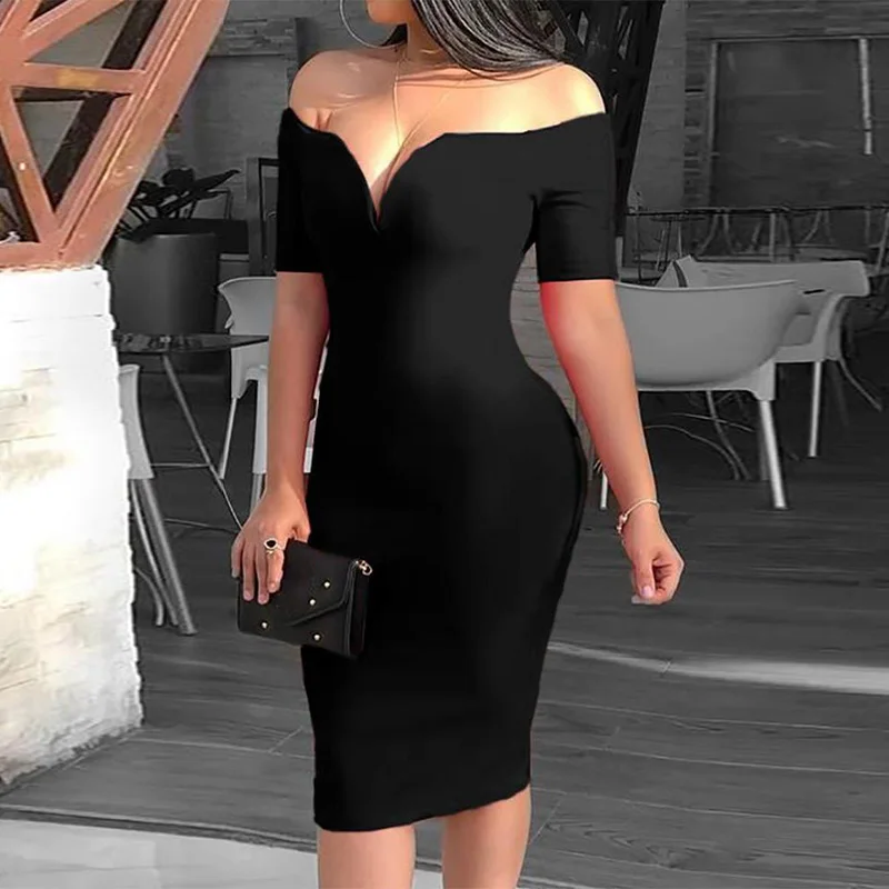 

Female Sexy Deep V-neck Off Shoulder Bodycon Dress Women Short Sleeve Solid Sheath Midi Dress Vestidos Verano 2019