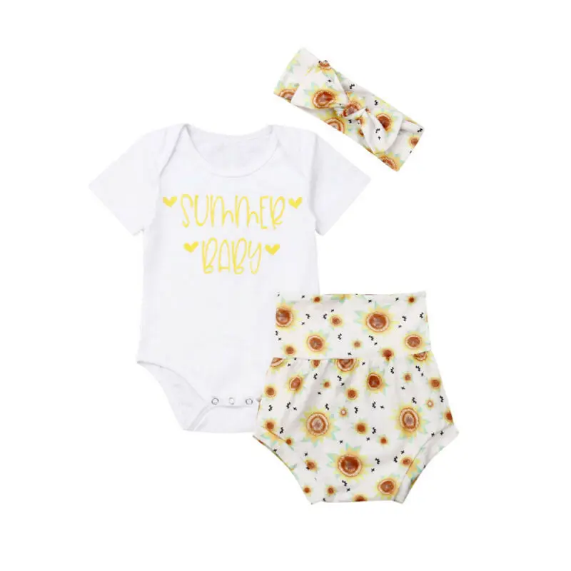 

New Summer Baby Girl Clothes Sunflower Romper Tops Shorts 3PCS Outfit Set