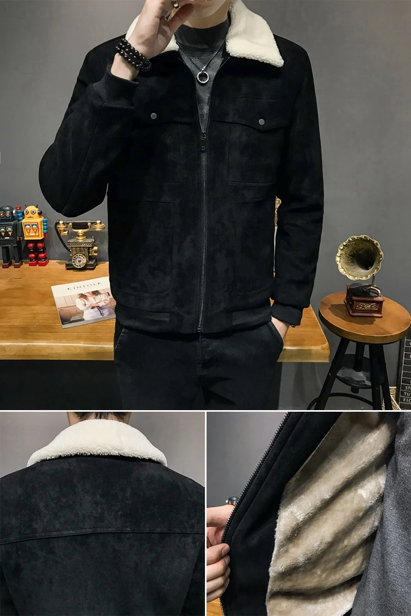 Г. nueva chaqueta de cuero de ante forrada de algodón para invierno con capucha cuello de abrigos de piel sinttetica Hombre Abr
