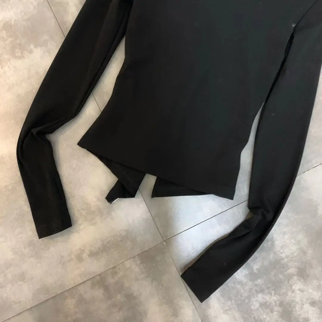 New Winter T Shirt Long Sleeve High-necked Long-sleeved Zipper Decoration Shirt Female Backing Hollow Chest