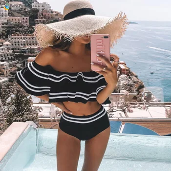 

Para Praia Bandeau Push up Bikini Set Women Helter Ruffle Swimwear Sexy Off Shoulder High Waist Swimsuit Women Sexy Bathing Suit