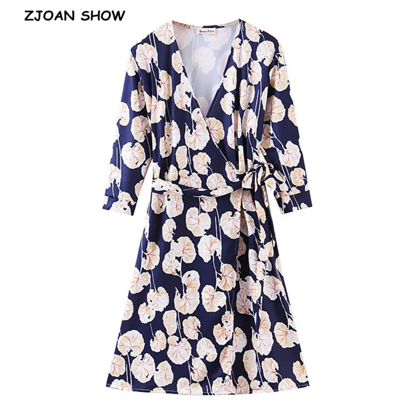 2019 Autumn Vintage Cross V neck Leaves Flower Short Wrap Dress Lacing up Waist Split Slim Fit Women 3/4 Sleeve Tea Dresses | Женская