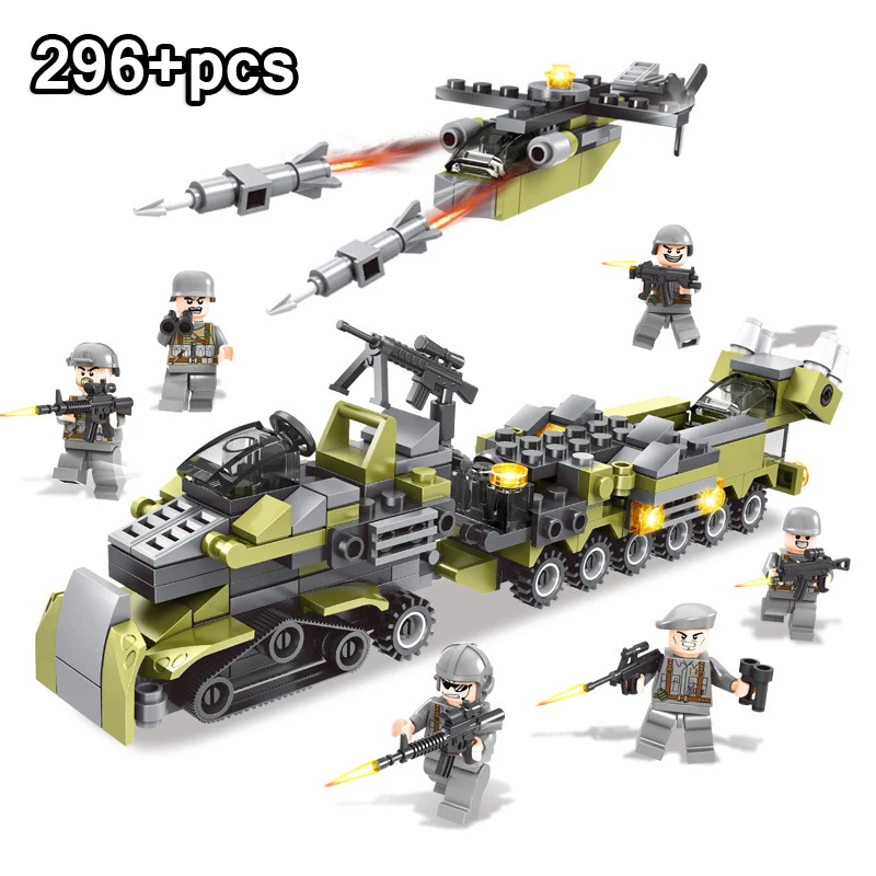 

296Pcs WW2 Armour Military 6 In 1 Army Weapon Helicopter Truck Building Block Soldier Figures Military City Brick Toy for Kids