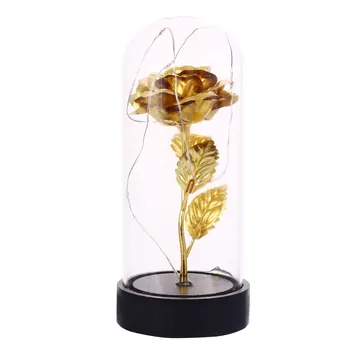 

Glass Cover Beautiful Simulated Rose LED Light Valentine'S Day Romantic Celebration Imitation Gold Foil Rose Home Decoration
