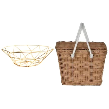 

1 Pcs 14.5X27X8Cm Table Storage Basket Modern Minimalist & 1 Pcs 23 X 15 X 15Cm Woven Portable Picnic Basket