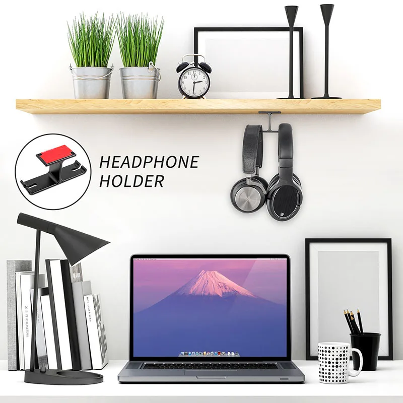 Headset Holder Under Desk Dual Aluminum Headphone Hook Mount with Cable Clip for All Headphones
